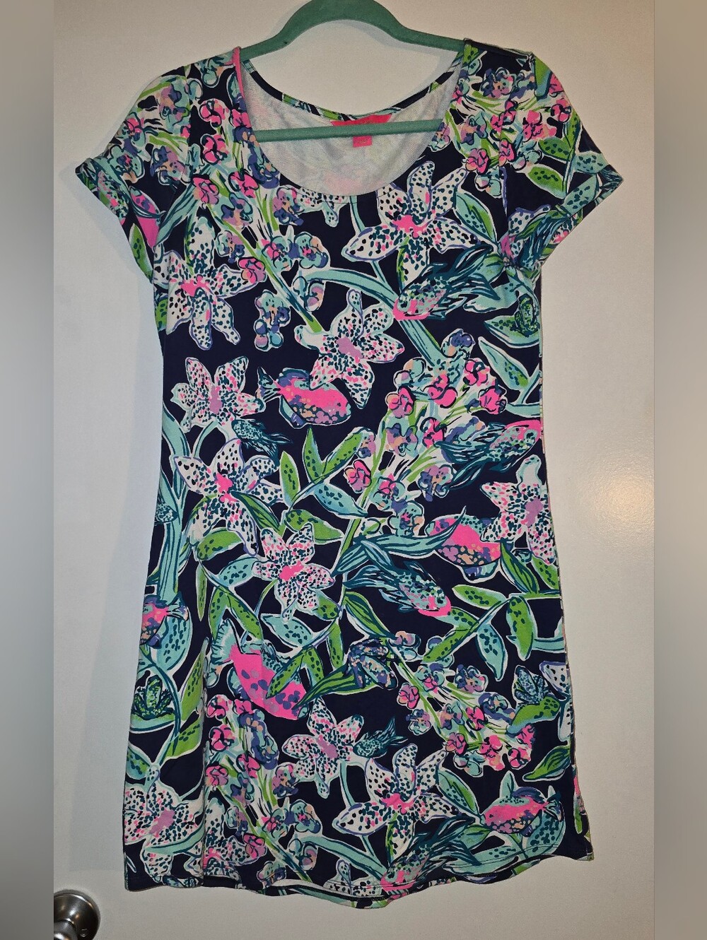 Lilly Pulitzer Navy Floral Short Sleeve Dress with Pink & Green Accents Small